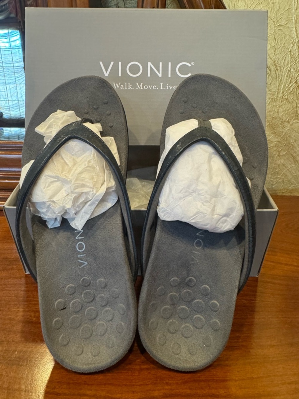 Vionic Gray Suede Flip Flop Sandals